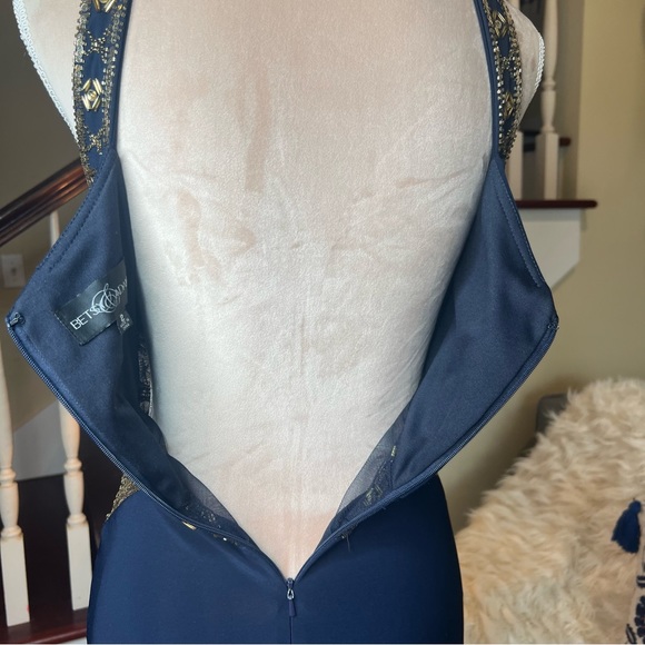 Betsy Adams Navy Gold Grecian Gown - Picture 10 of 16